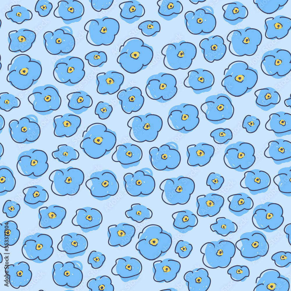 Fototapeta premium Forget-me-not childish seamless pattern, floral pattern, tiny blue flowers on blue background. Texture for kids - fabric, wrapping, textile, wallpaper, apparel. 