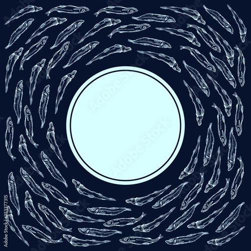Fish circular design - CD cover or food package with copy space in the circle - symbol of light or moon or a  plate. Hand drawn smelt fish swimming around.