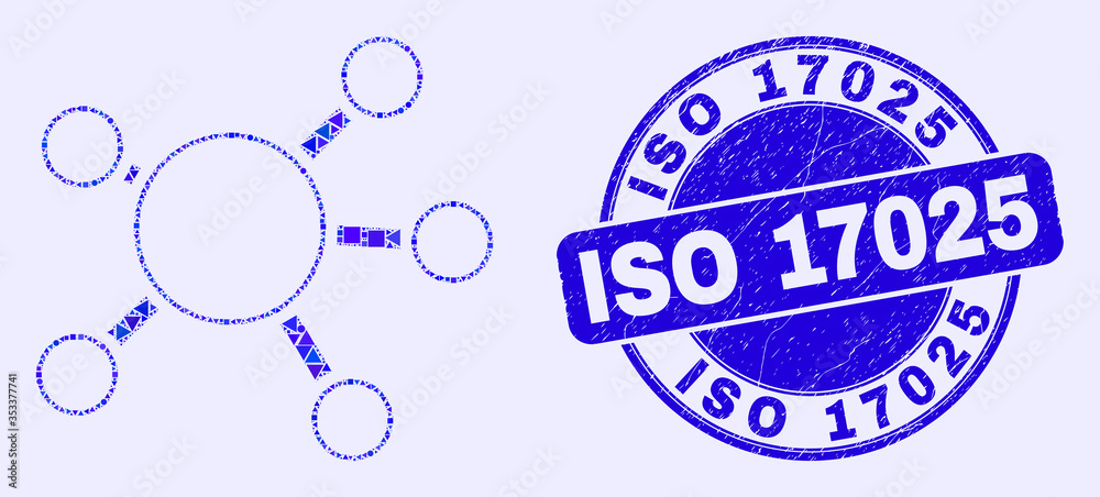 Geometric node links mosaic pictogram and ISO 17025 seal stamp. Blue vector round textured seal stamp with ISO 17025 title. Abstract mosaic of node links combined of round, tringle,