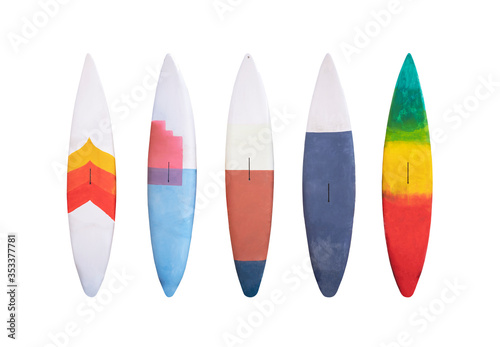 Set of colorful wooden vintage Surfboard isolated on white background with clipping path photo