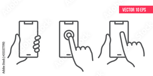 Mobile Phone Line Icon. Hand holding smartphone. Smartphone with white screen vector eps10. 