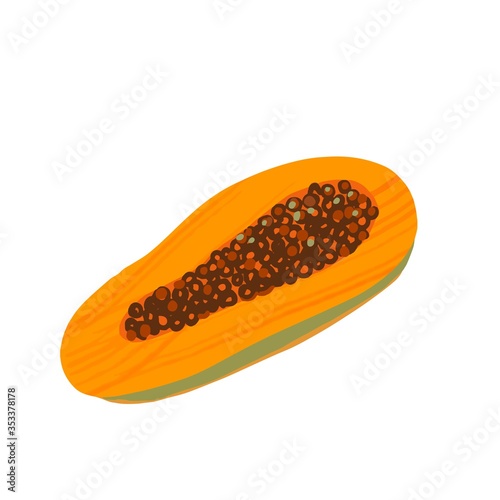 Cut in half papaya isolated on the white background. Tropical fruit - orange juicy papaya with seeds. Summer fruits for healthy lifestyle. Organic fruit. Cartoon