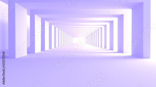 Fototapeta Naklejka Na Ścianę i Meble -  Violet empty room space and the pathway area indefinitely with the gap glowing in the light and shadow. Museum space design. the rhythm of the square frame and the gap,On the violet floor,3D rendering
