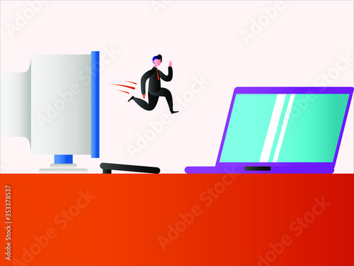Obraz na płótnie Business technology vector concept: Businessman jumping from a vintage PC monito