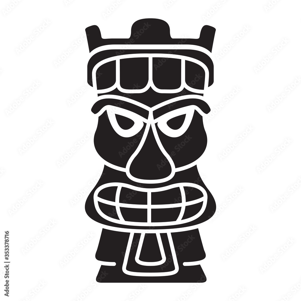 Scary tiki mask ethnic polynesia made of wood.Tribal ethnical black white silhouette isolated on white background.Vector cartoon style.
