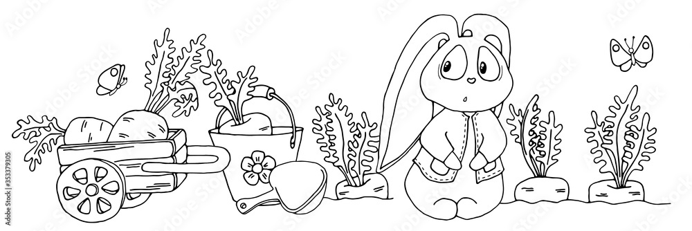 Сute rabbit, cart, carrots, bucket and spade, butterflies sketch black outline different elements isolated on a white background. To decorate