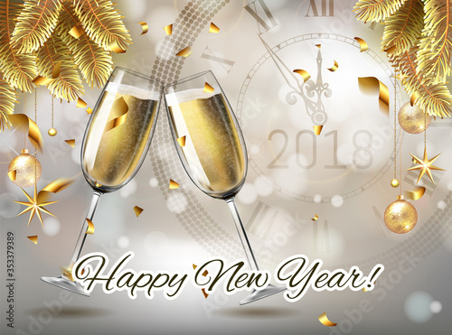 Vector Happy New Year with toasting glasses of champagne on sparkling winter holiday background in realistic style with clock. Greeting card or party invitation with golden christmas tree, confetti