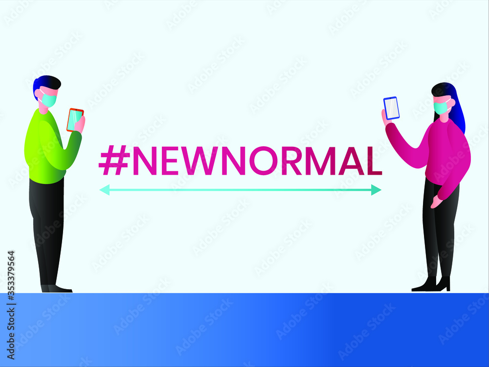 New Normal vector concept: The word new normal with people wearing face mask applying social distancing and using mobile phones to communicate New Normal vector concept: The word new normal with people wearing face mask applying social distancing and using mobile phones to communicate