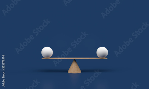 Equal white spheres balancing on a seesaw 3d illustration isolated on white blue background. 3d render balance scale. 