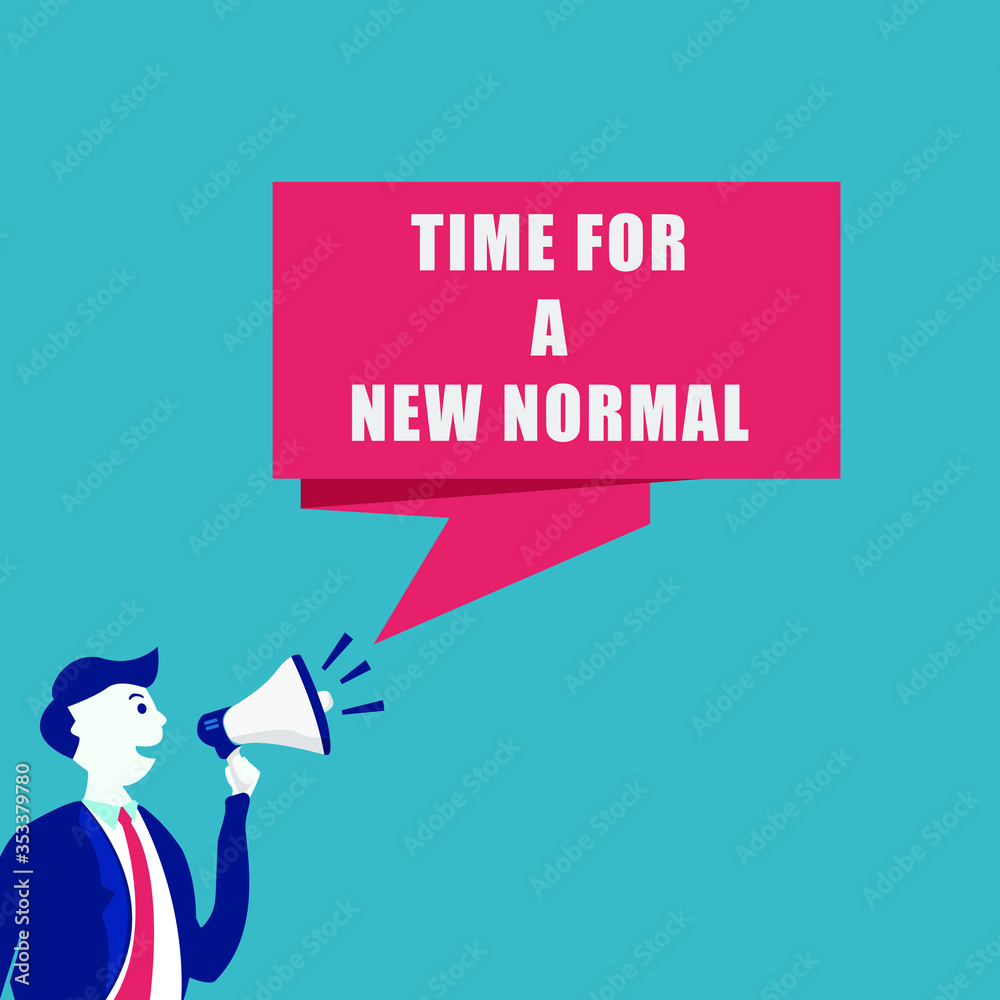 New Normal vector concept: Businessman with megaphone announcing the time for a new normal after the lockdown New Normal vector concept: Businessman with megaphone announcing the time for a new normal after the lockdown
