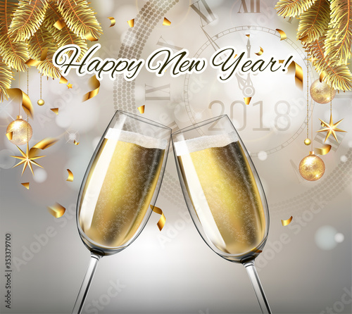 Vector Happy New Year with toasting glasses of champagne on sparkling winter holiday background in realistic style with clock. Greeting card or party invitation with golden Christmas tree, confetti