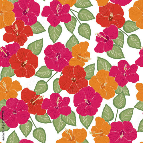 Vector Hibiscus Flowers in Pink Red Orange with Green Leaves on White Background Seamless Repeat Pattern. Background for textiles  cards  manufacturing  wallpapers  print  gift wrap and scrapbooking.