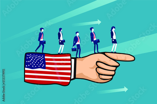 Business direction vector concept: American pointing hand with business people on top