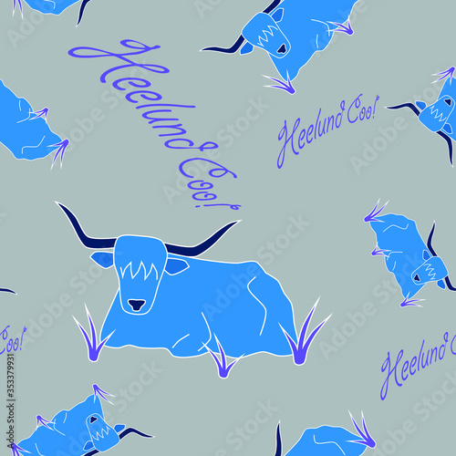 Seamless repeat pattern of beautiful orange Highland Cow with horns on a pale background.  Text reading Heelund Coo.  Tile, wallpaper, fabric design.