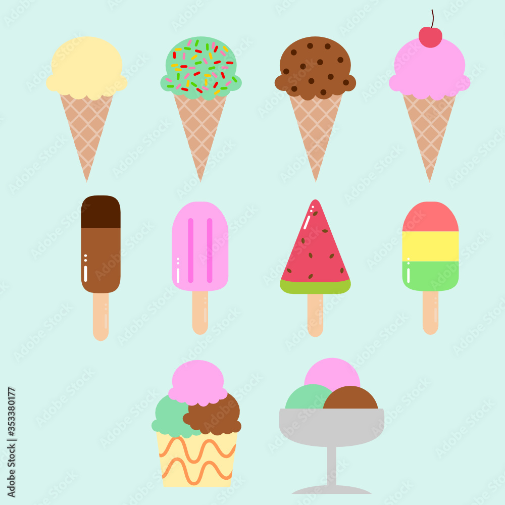 set of ice cream, ice cream cone, ice cream cup, popsicle