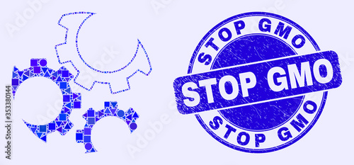 Geometric gears mosaic icon and Stop GMO stamp. Blue vector rounded textured seal stamp with Stop GMO caption. Abstract mosaic of gears created of round, tringle, square geometric spots.