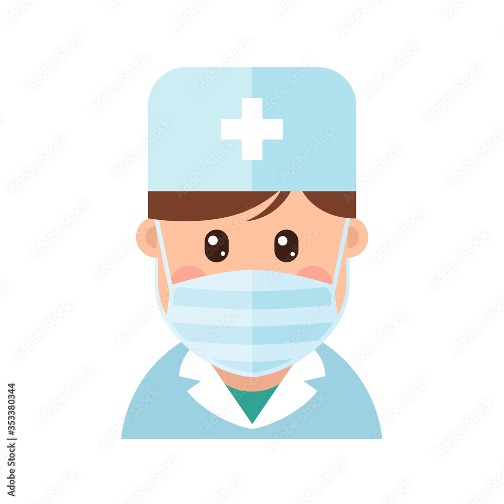 Medical mask for prevent virus. Doctor wearing a surgical mask. Child character. Сartoon character. Face mask. Medical worker. Masked man. Attending doctor. Doctor avatar. Medical mask for prevent virus. Doctor wearing a surgical mask. Child character. Сartoon character. Face mask. Medical worker. Masked man. Attending doctor. Doctor avatar.