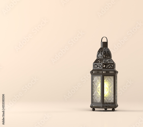 3D background Ramadan composition. 3D Arabic lantern on white yellow background. Design creative concept of Islamic celebration day Ramadan Kareem or eid al Fitr adha. 3d rendering illustration. 