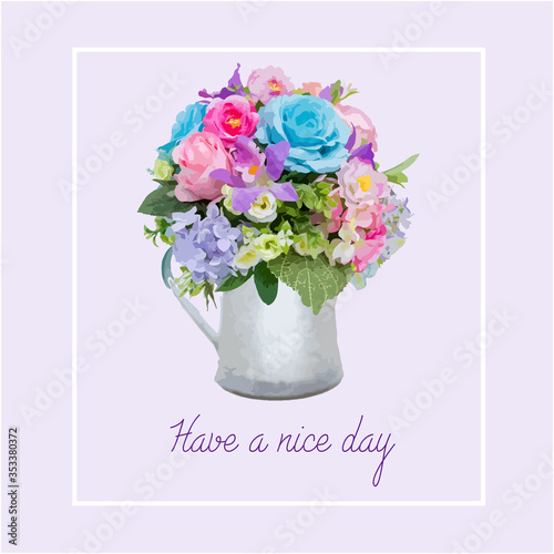 Have a nice day card design idea, colorful flower in metal pot on purple background