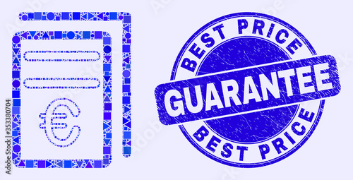 Geometric euro price pages mosaic icon and Best Price Guarantee seal stamp. Blue vector round distress seal stamp with Best Price Guarantee title.