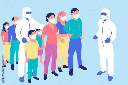Coronavirus quarantine concept illustration. Isometric health workers in protective clothing with casual people in white medical mask. Infection control, pandemic, quarantine.