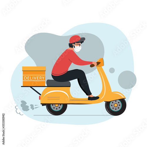 Stock vector illustration of a moped with delivery. Parcel delivery. Online delivery on a white background. Man in a protective mask. Coronavirus concept