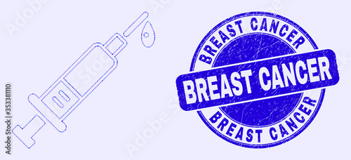 Geometric blood syringe mosaic pictogram and Breast Cancer seal stamp. Blue vector round scratched seal with Breast Cancer caption. Abstract mosaic of blood syringe created of round, tringle,