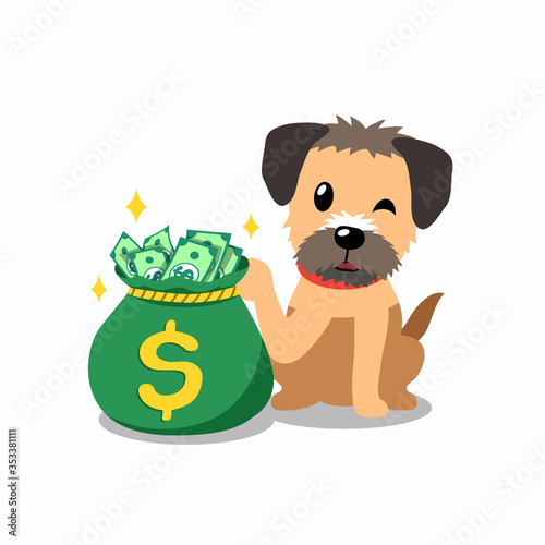 Vector cartoon character border terrier dog with money bag for design.