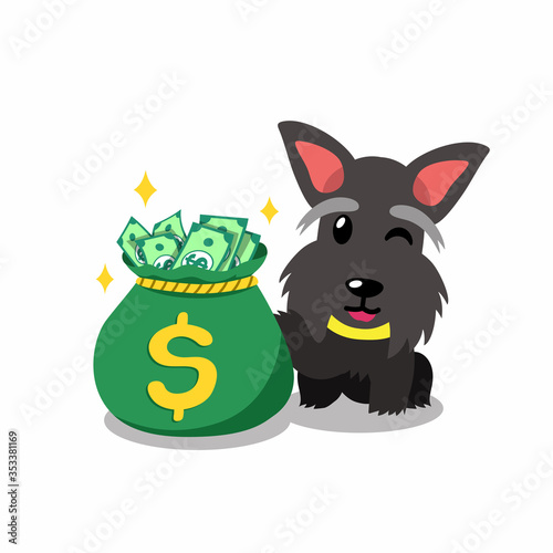 Vector cartoon character scottish terrier dog with money bag for design.