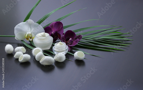 Web banner with natural cosmetic cream  silkworm cocoons  orchids and a palm leaf on a black background with place for text. Side view  horizontal.