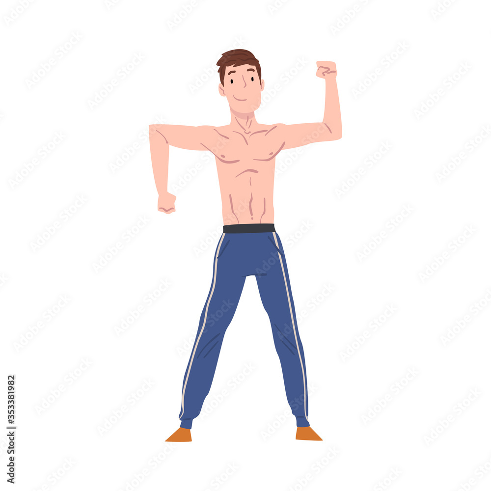Cheerful Man Doing Sports Exercise Cartoon Style Vector Illustration on White Background Cheerful Man Doing Sports Exercise Cartoon Style Vector Illustration on White Background