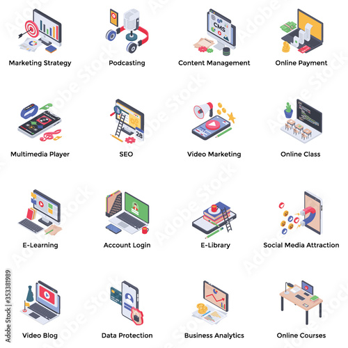  Webinar Podcasting Isometric Icons Pack 