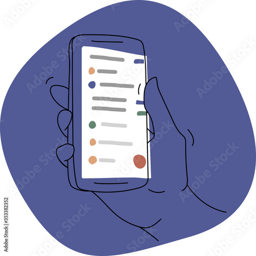 Basic RIllustration of a hand holding a phone or a smartphone with the mail app visible on the screen, new messages are unread. Swiping through mail feed. Cartoon style simple vectorGB photo