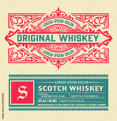 Old label design for Whiskey and Wine label, Restaurant banner, Beer label. Vector illustration