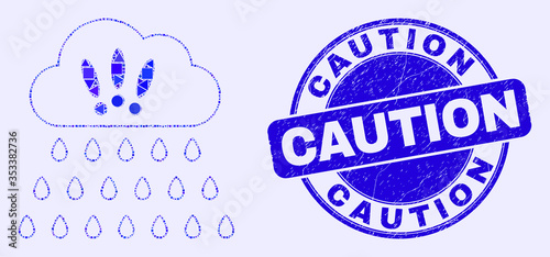 Geometric strong rain clouds mosaic icon and Caution seal stamp. Blue vector rounded grunge seal stamp with Caution title. Abstract mosaic of strong rain clouds constructed of round, triangles,