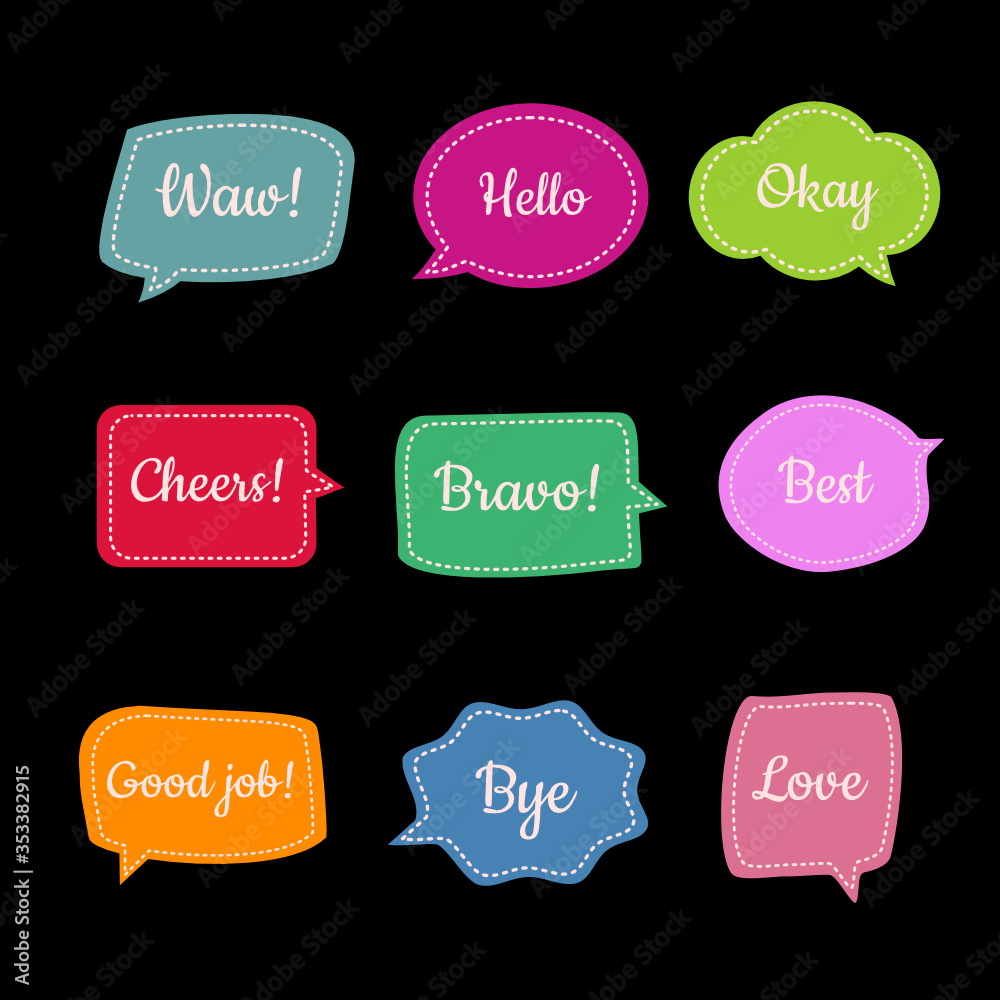 set of cute bubble speech with short message, text space with dash line vector, hand drawn colorful sticker for chat symbol