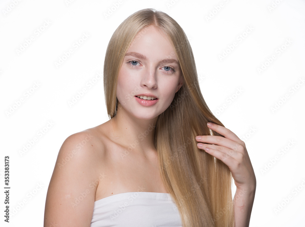 Woman healthy skin and smooth long blonde hair beauty cosmetic portrait Woman healthy skin and smooth long blonde hair beauty cosmetic portrait
