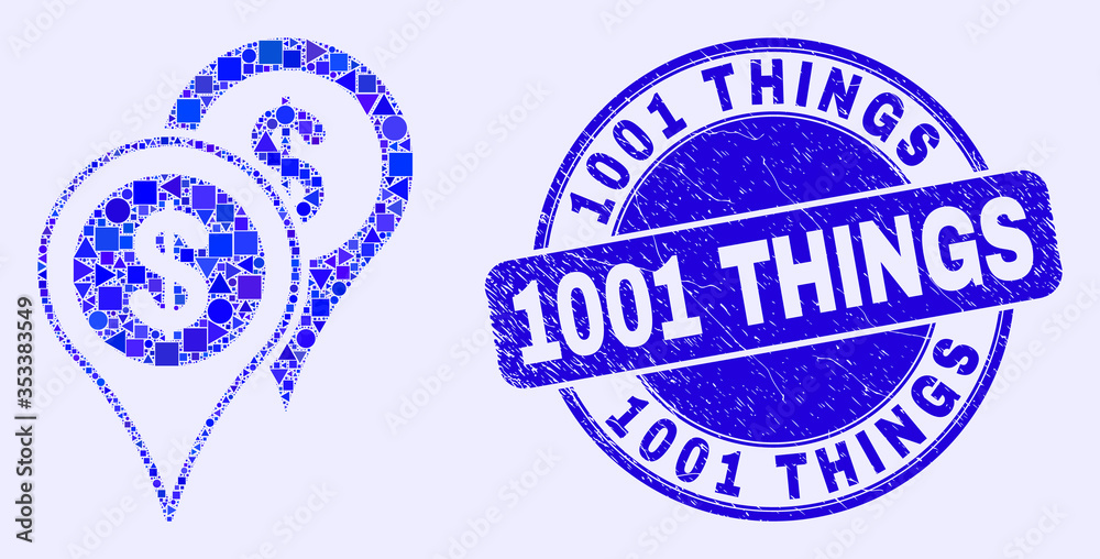 Geometric bank map markers mosaic pictogram and 1001 Things seal. Blue vector round grunge seal stamp with 1001 Things title. Abstract concept of bank map markers made of round, tringle, Geometric bank map markers mosaic pictogram and 1001 Things seal. Blue vector round grunge seal stamp with 1001 Things title. Abstract concept of bank map markers made of round, tringle,