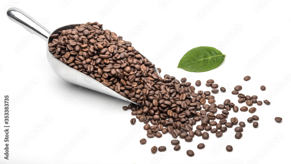 Spoon Coffee scoop and coffee beans roasted on a white background with copy space for your text Spoon Coffee scoop and coffee beans roasted on a white background with copy space for your text