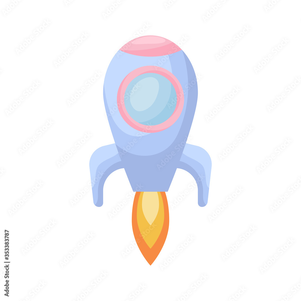 Fototapeta premium Bright cartoon blue rocket with fire trace launched into space for design of album, scrapbook, card and invitation. Flat cartoon colorful vector illustration isolated on white background.
