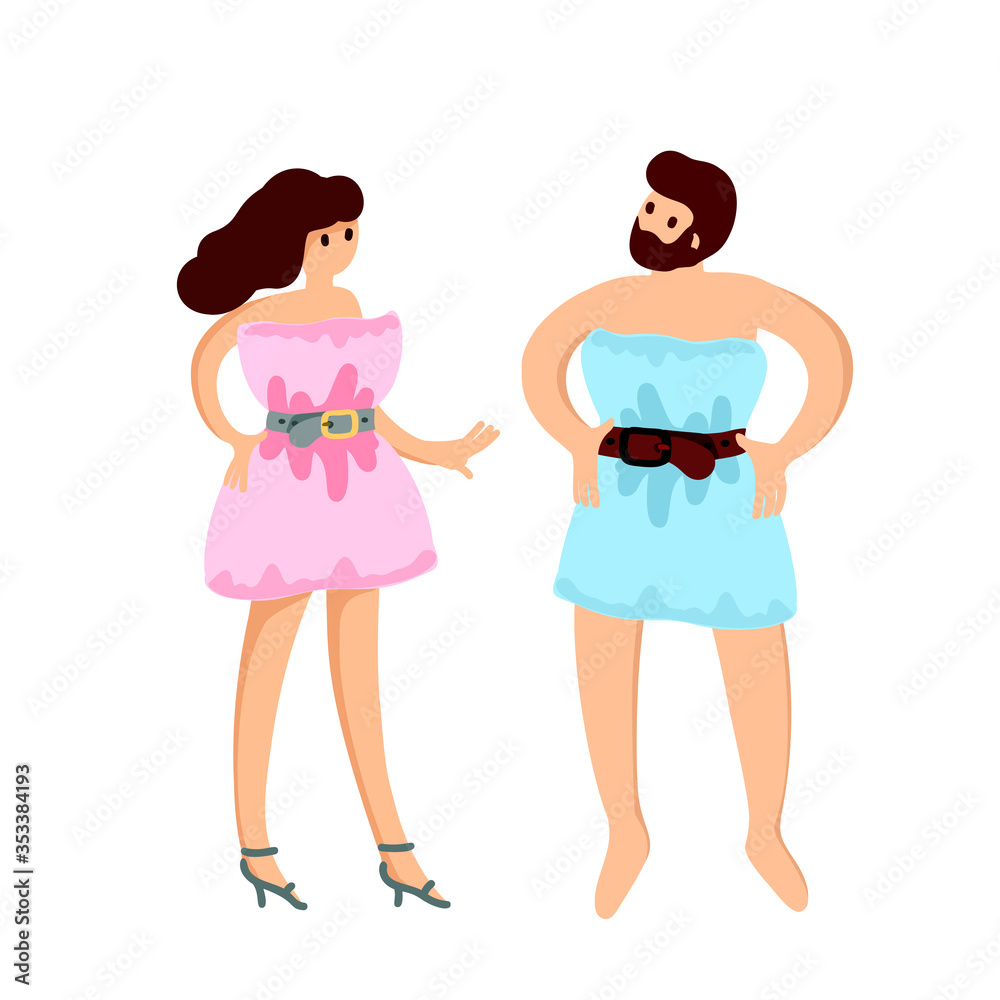Pillowchallenge - man, woman in challenge with pillow dress. Stay home humor in quarantine isolation Pillowchallenge - man, woman in challenge with pillow dress. Stay home humor in quarantine isolation