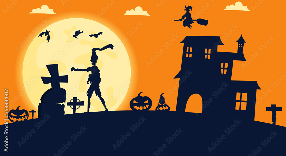 Happy Halloween with Zombies, tomb, ghost scary background vector illustration