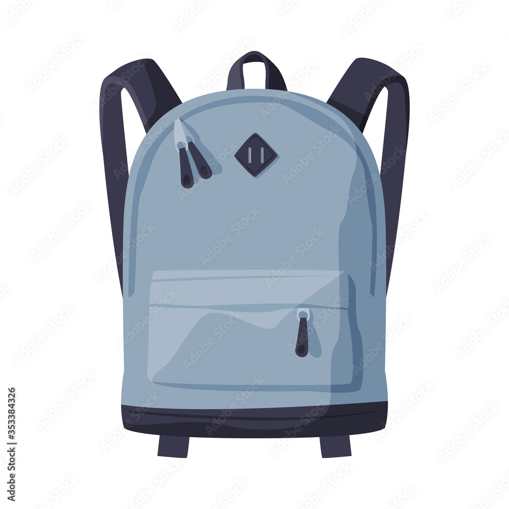 Fototapeta premium Gray Backpack for Schoolchildren or Students, Front View of Travel Bag for Backpacking Flat Style Vector Illustration