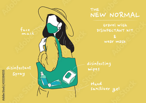 Vector illustration of new normal lifestyle. A woman wearing mask and carry disinfectant kit when going out home. Protect yourself from viruses, Coronavirus (COVID-19).