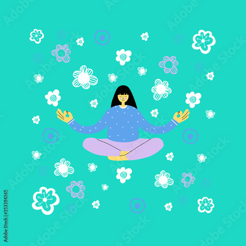 Floral doodles. Yoga and mindfulness concept illustration. Guided meditation in nature app vector flat illustration. Woman meditating in lotus pose on the meadow