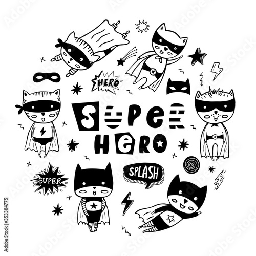 Big set of speech bubbles, stars, masks and cartoon superheroes.