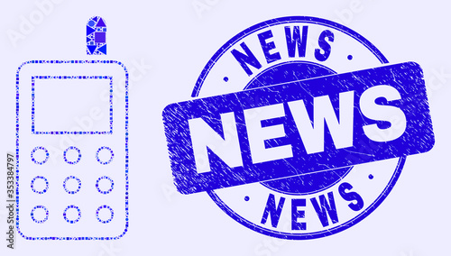 Geometric radio transmitter mosaic icon and News seal. Blue vector round grunge seal with News caption. Abstract mosaic of radio transmitter done of round, tringle, square geometric elements.