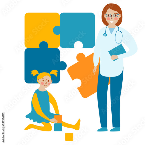 Autism. Children autism spectrum disorder ASD. Children girl play in center giving information about treatment of ASD. Puzzles symbol of autism. Vector illustration. 