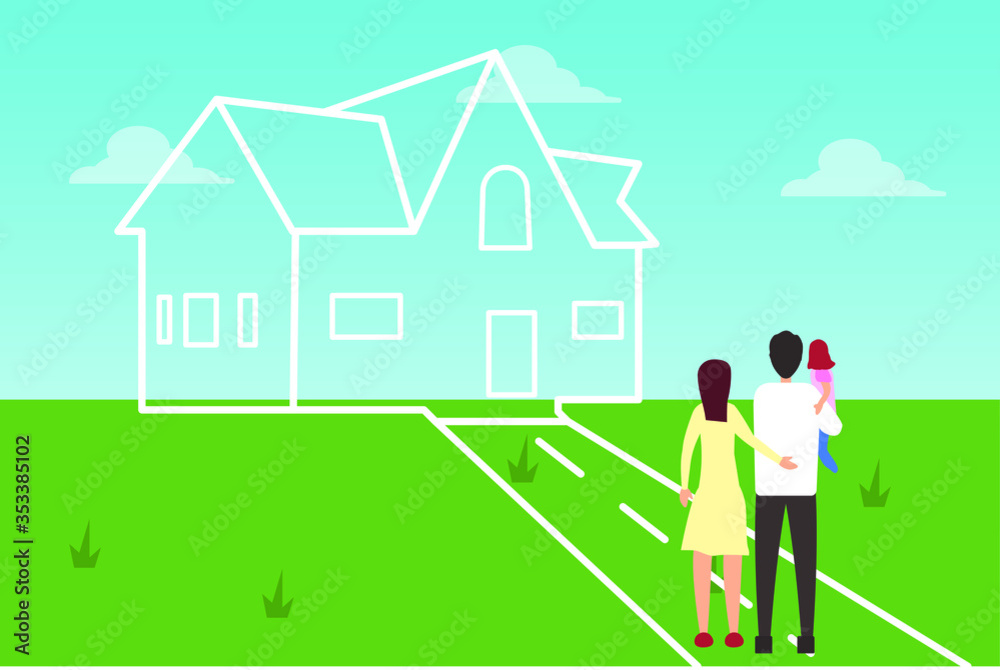 Real estate vector design concept: Back view of young family embracing each other while looking at their dream house Real estate vector design concept: Back view of young family embracing each other while looking at their dream house