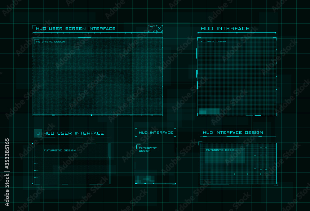 Set of HUD user screen interface on dark green digital hi tech background. Futuristic layout of control panel and user menu in HUD style. Editable stroke. Good for animation. Vector